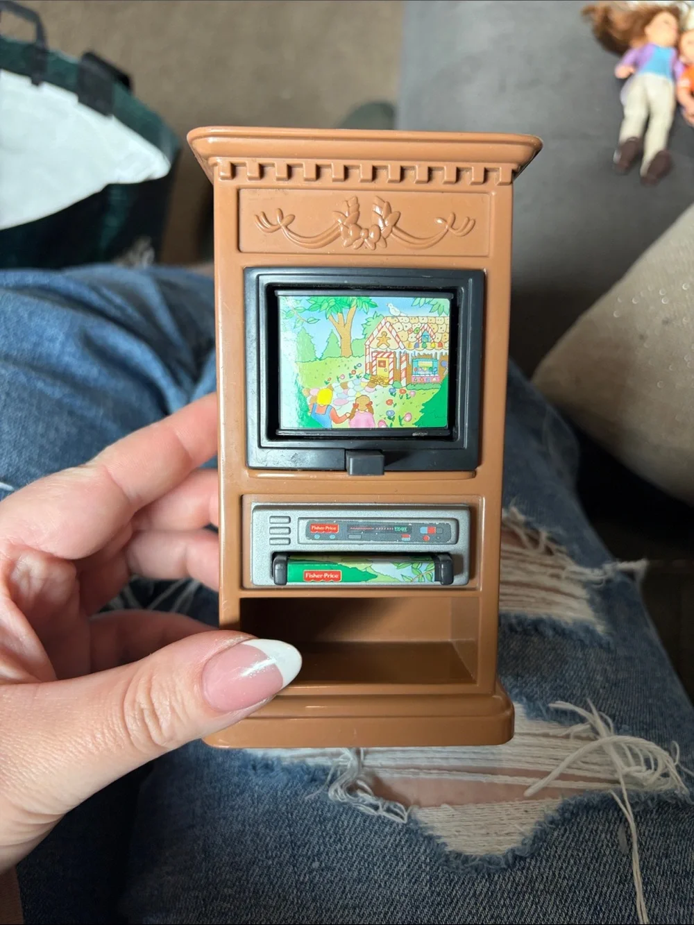 Fisher-Price Loving Family Dollhouse Brown 3 Screen Flip TV Television w/ VHS